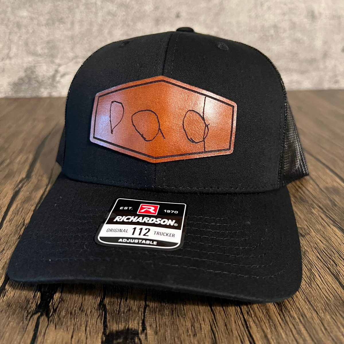 Black Richardson 112 with a wide hex patch engraved with a child's handwritten Dad